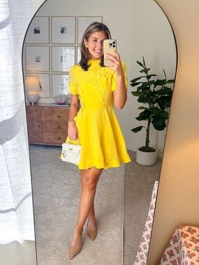 NWT Antonio Melani Iris Linen Floral Appliqué Sunshine Yellow Mockneck Dress